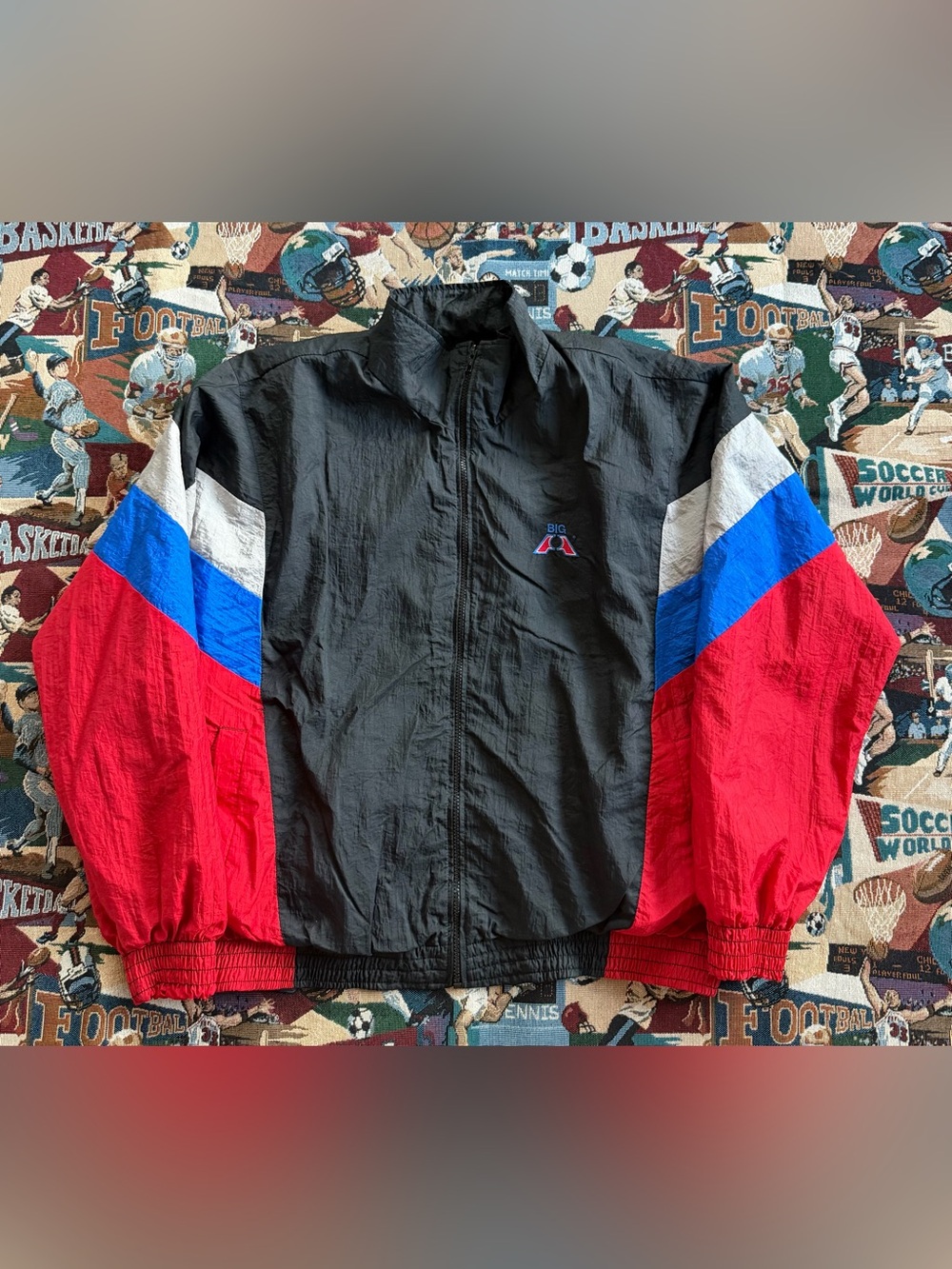 Vintage 90s Men’s Big A Red, White, & Blue Windbreaker Black Jacket